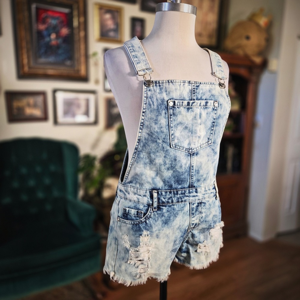 Stradivarius Acid Wash Distressed Denim Shortalls Blue Womens Size 2 Overalls